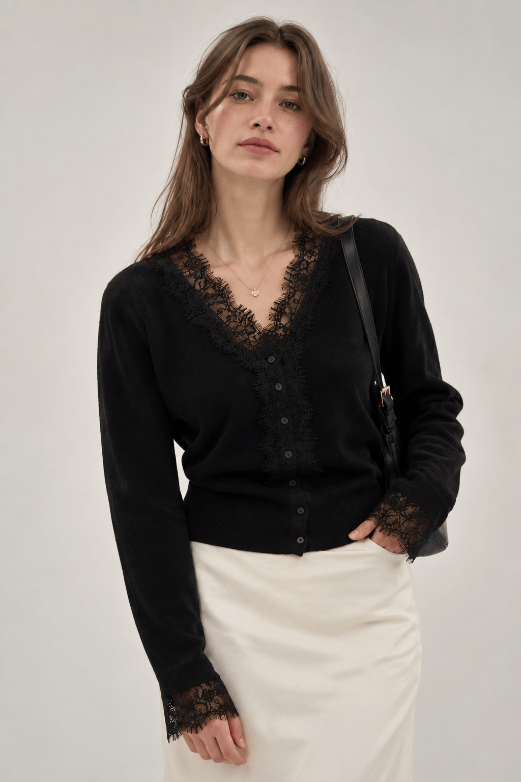 Women's Cardigan | Lace-Look Trim & Button Front