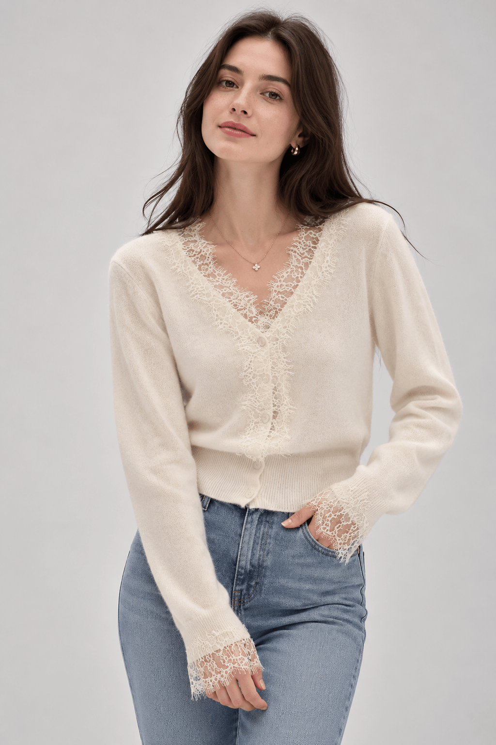 Women's Cardigan | Lace-Look Trim & Button Front