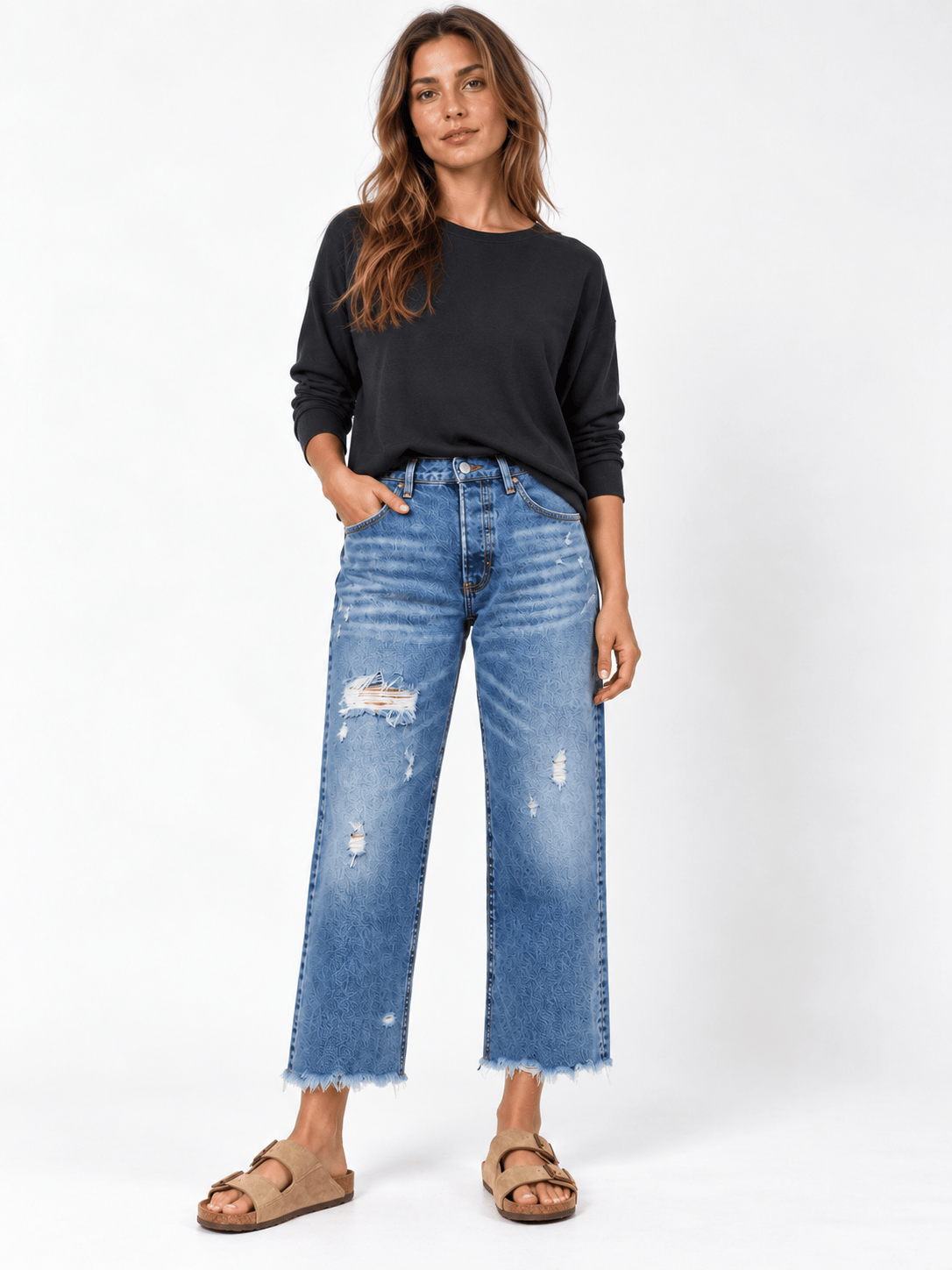 Women's High Waist Straight Leg Jeans | Distressed & Frayed Hem