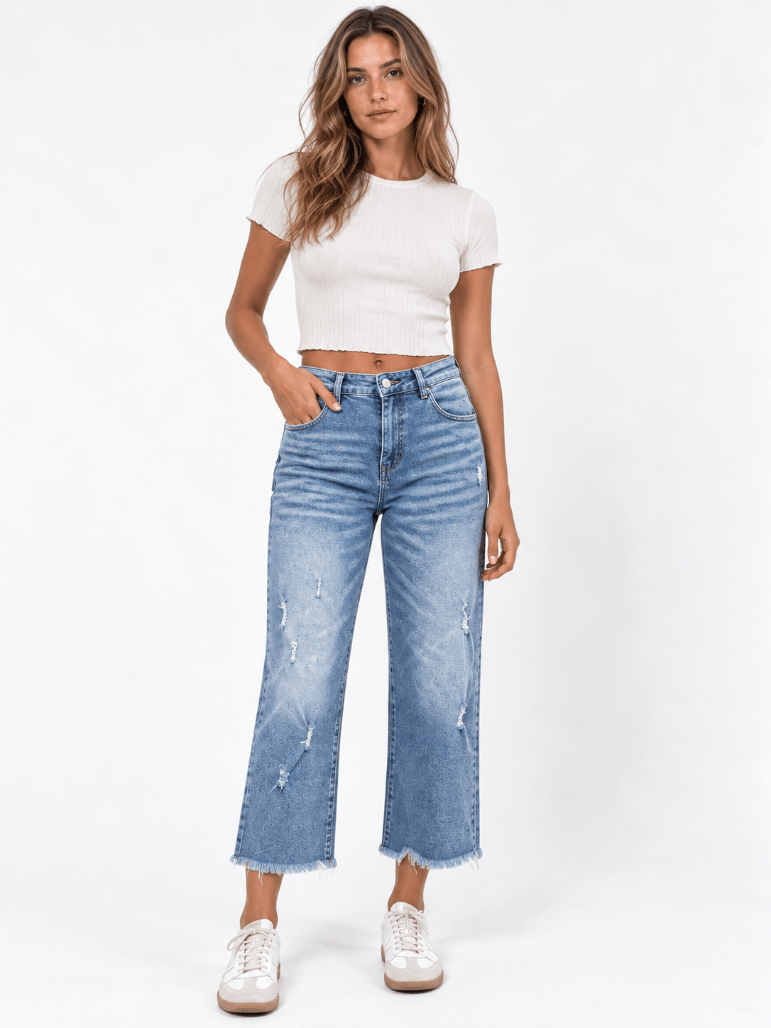 Women's High Waist Straight Leg Jeans | Distressed & Frayed Hem