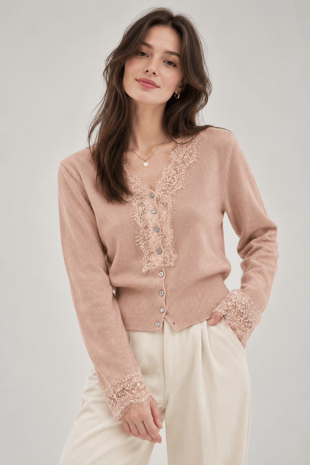 Women's Cardigan | Lace-Look Trim & Button Front