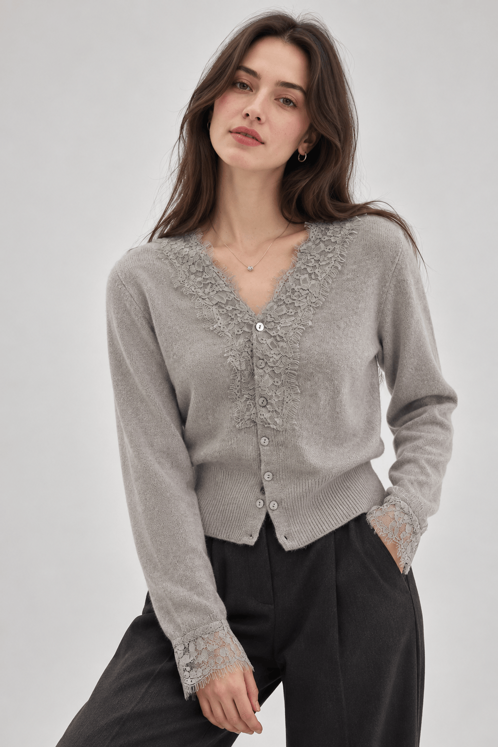 Women's Cardigan | Lace-Look Trim & Button Front