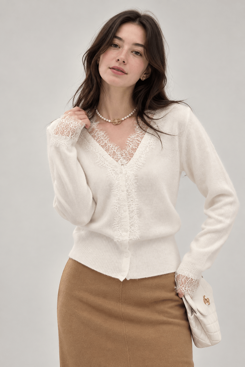 Women's Cardigan | Lace-Look Trim & Button Front