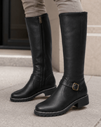 Women's Knee-High Buckle Boots | Side Zip and Low Block Heel