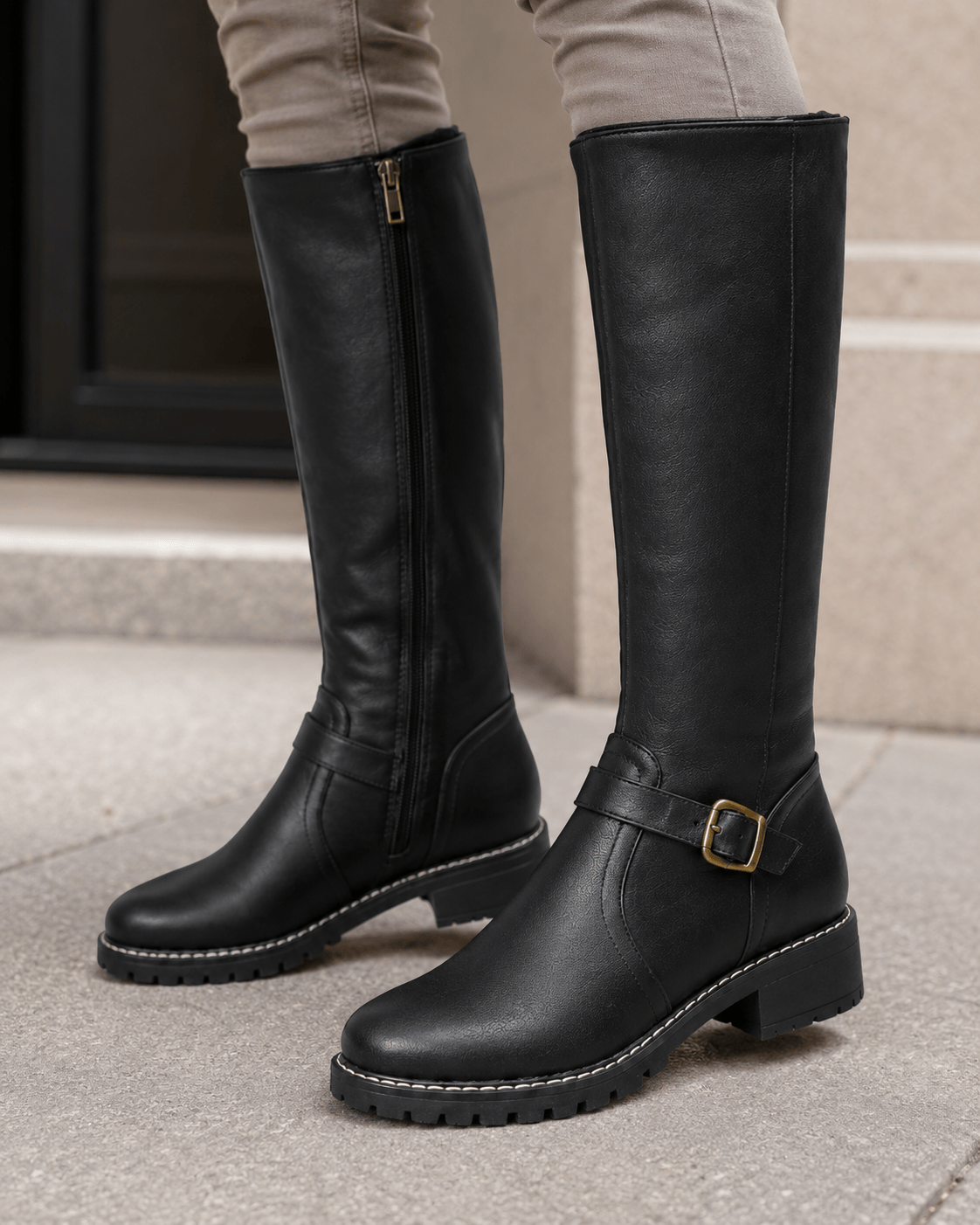 Women's Knee-High Buckle Boots | Side Zip and Low Block Heel