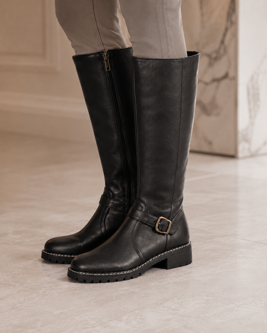 Women's Knee-High Buckle Boots | Side Zip and Low Block Heel