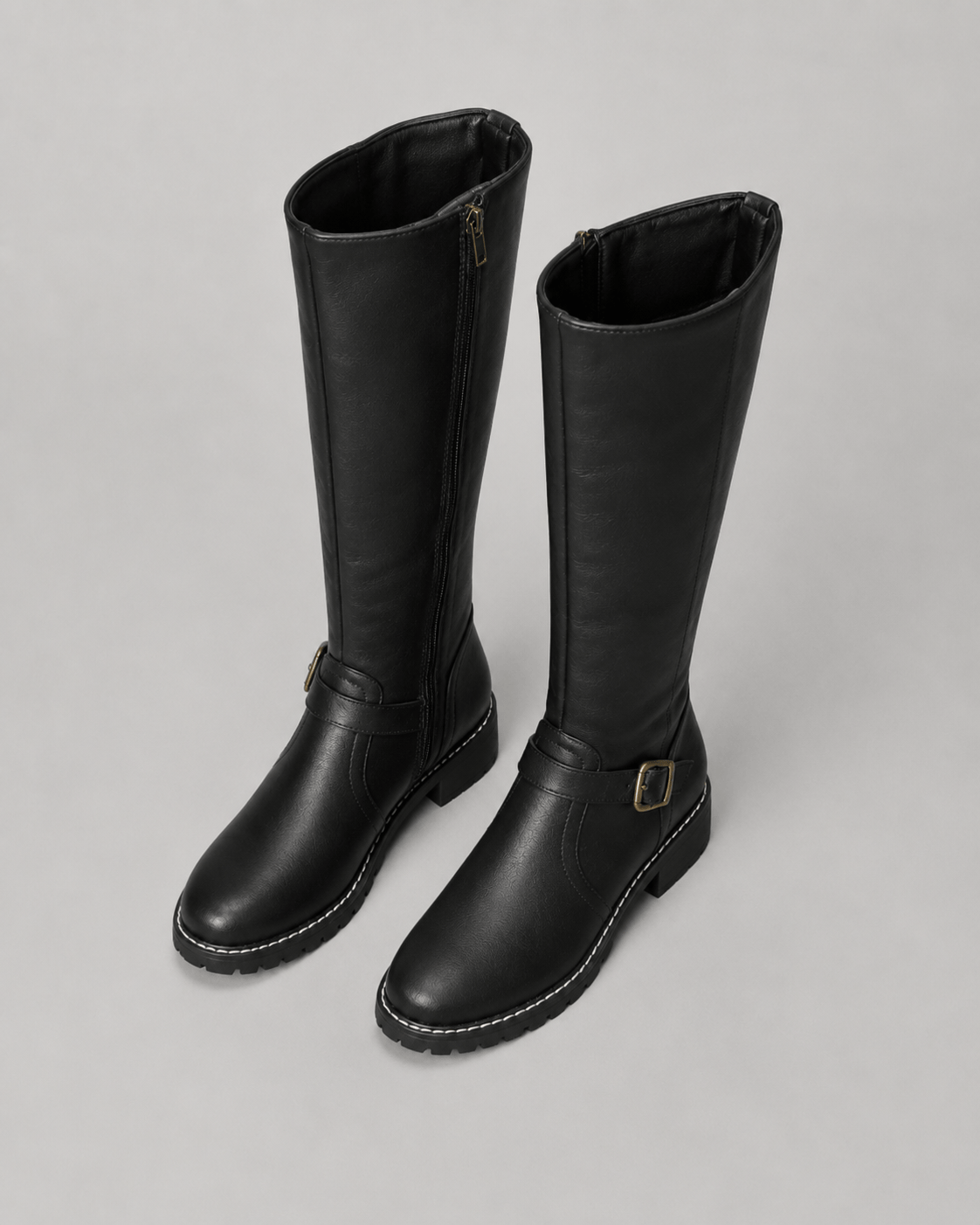Women's Knee-High Buckle Boots | Side Zip and Low Block Heel