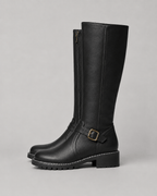 Women's Knee-High Buckle Boots | Side Zip and Low Block Heel