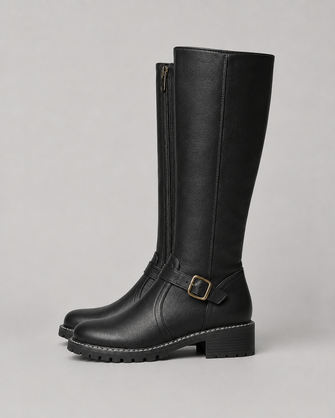 Women's Knee-High Buckle Boots | Side Zip and Low Block Heel