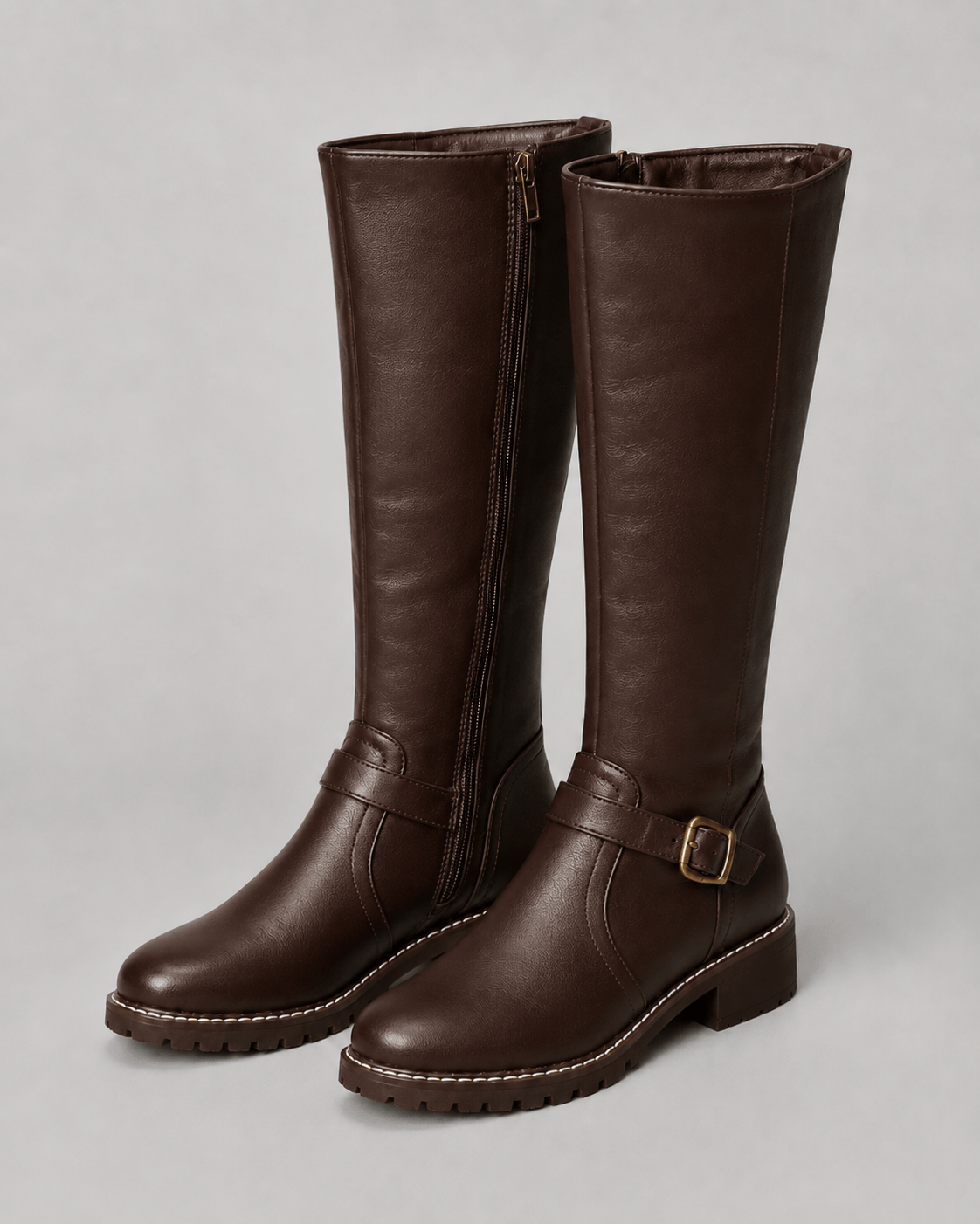 Women's Knee-High Buckle Boots | Side Zip and Low Block Heel