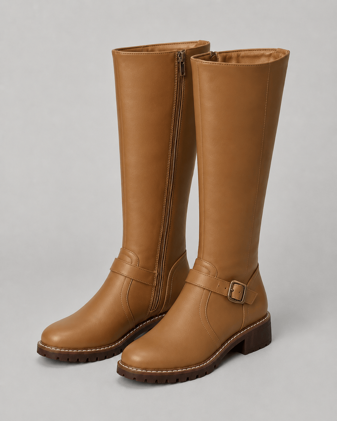 Women's Knee-High Buckle Boots | Side Zip and Low Block Heel