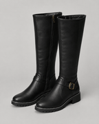 Women's Knee-High Buckle Boots | Side Zip and Low Block Heel