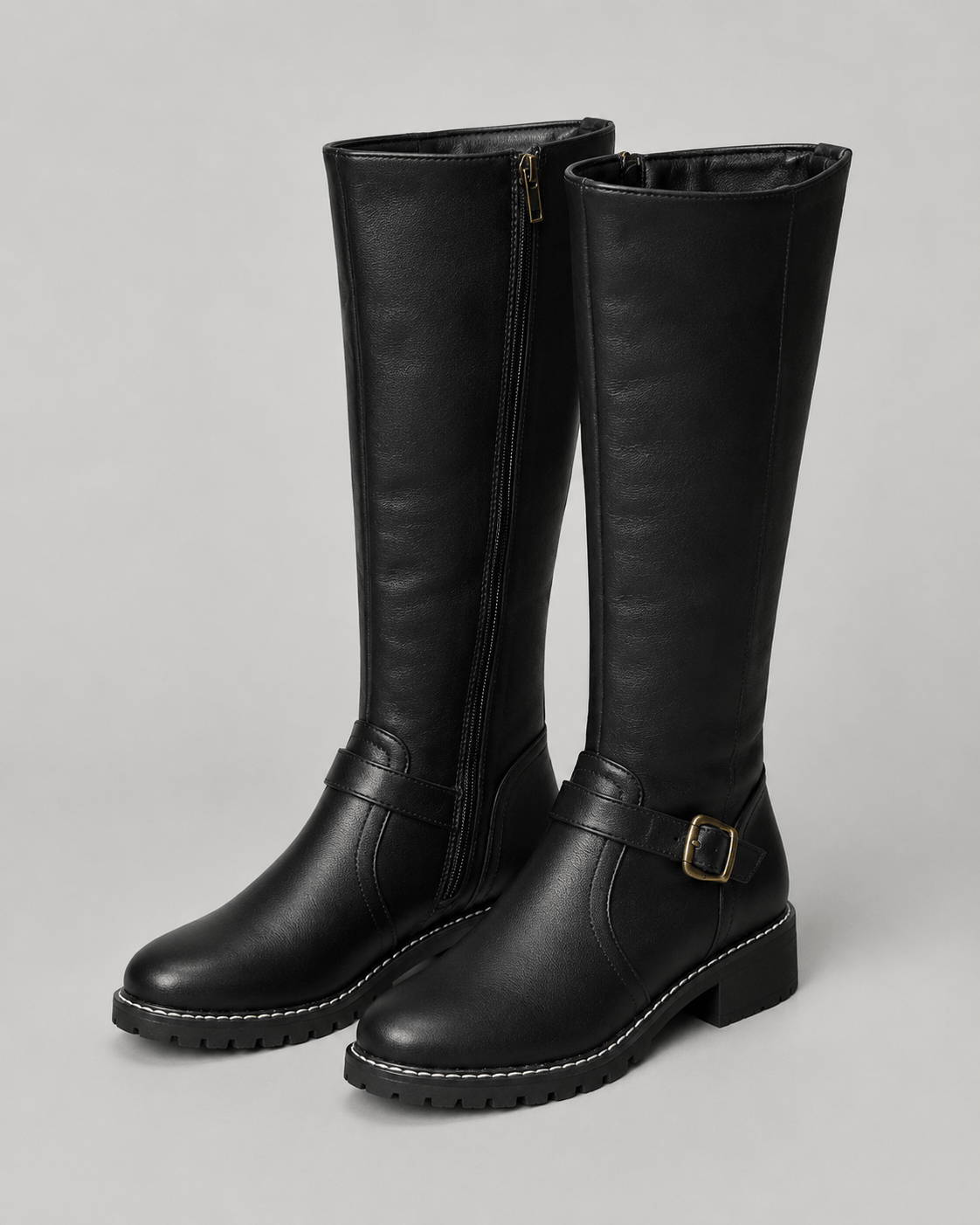 Women's Knee-High Buckle Boots | Side Zip and Low Block Heel