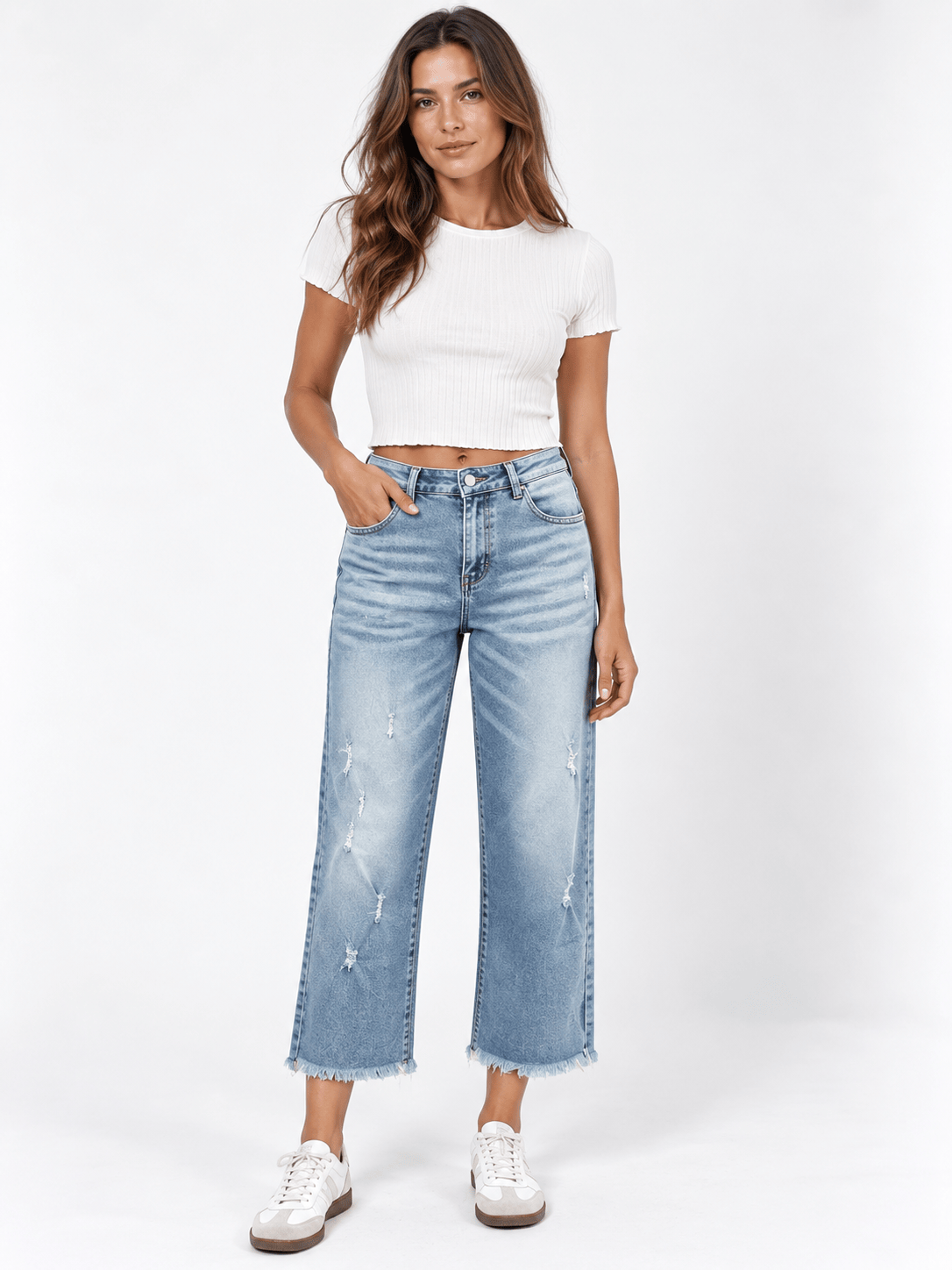Women's High Waist Straight Leg Jeans | Distressed & Frayed Hem