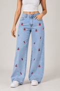 Women's Wide Leg Jeans | Cherry Embroidery