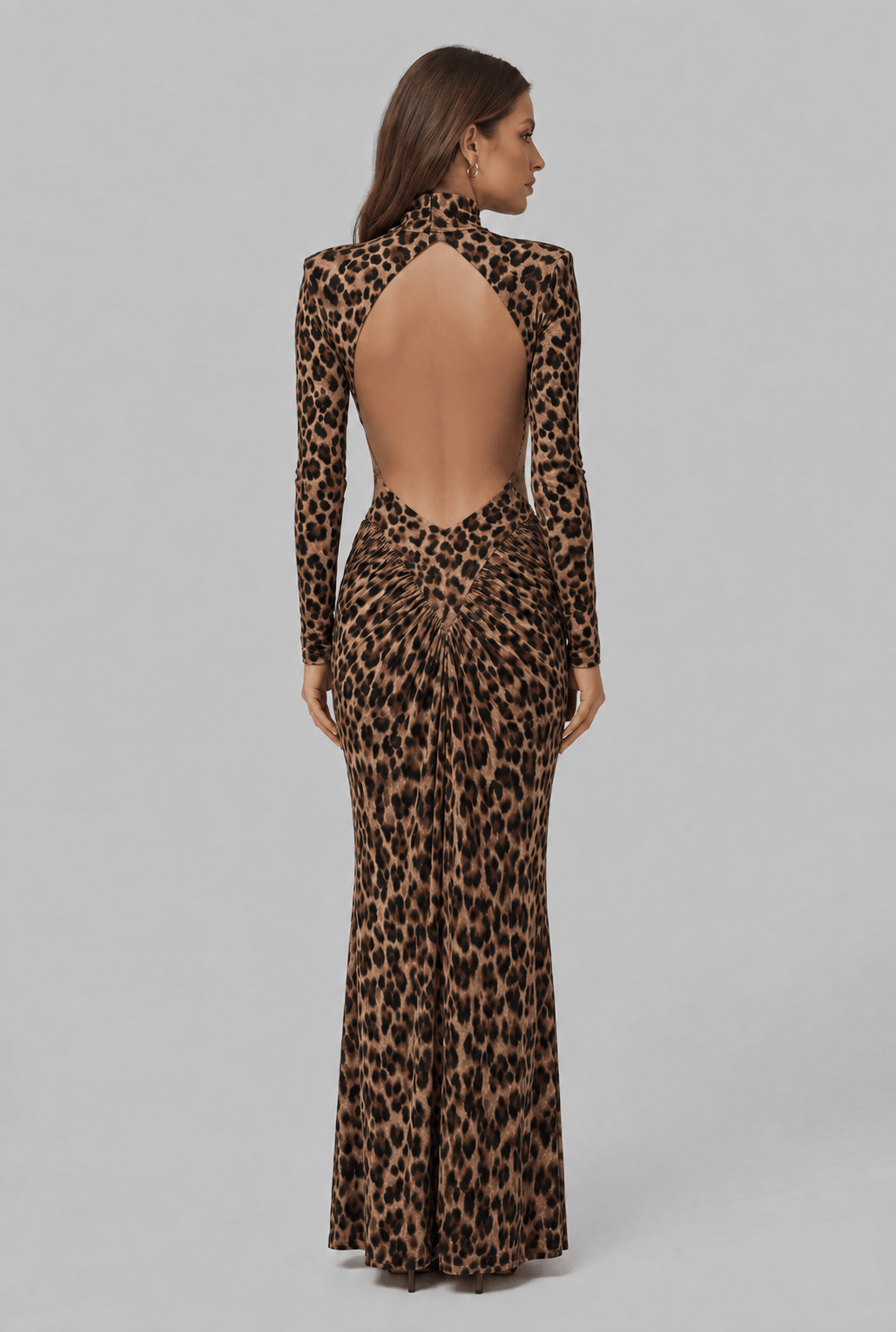 Women's High Neck Long Sleeves Ruched Open Back Dress | Maxi