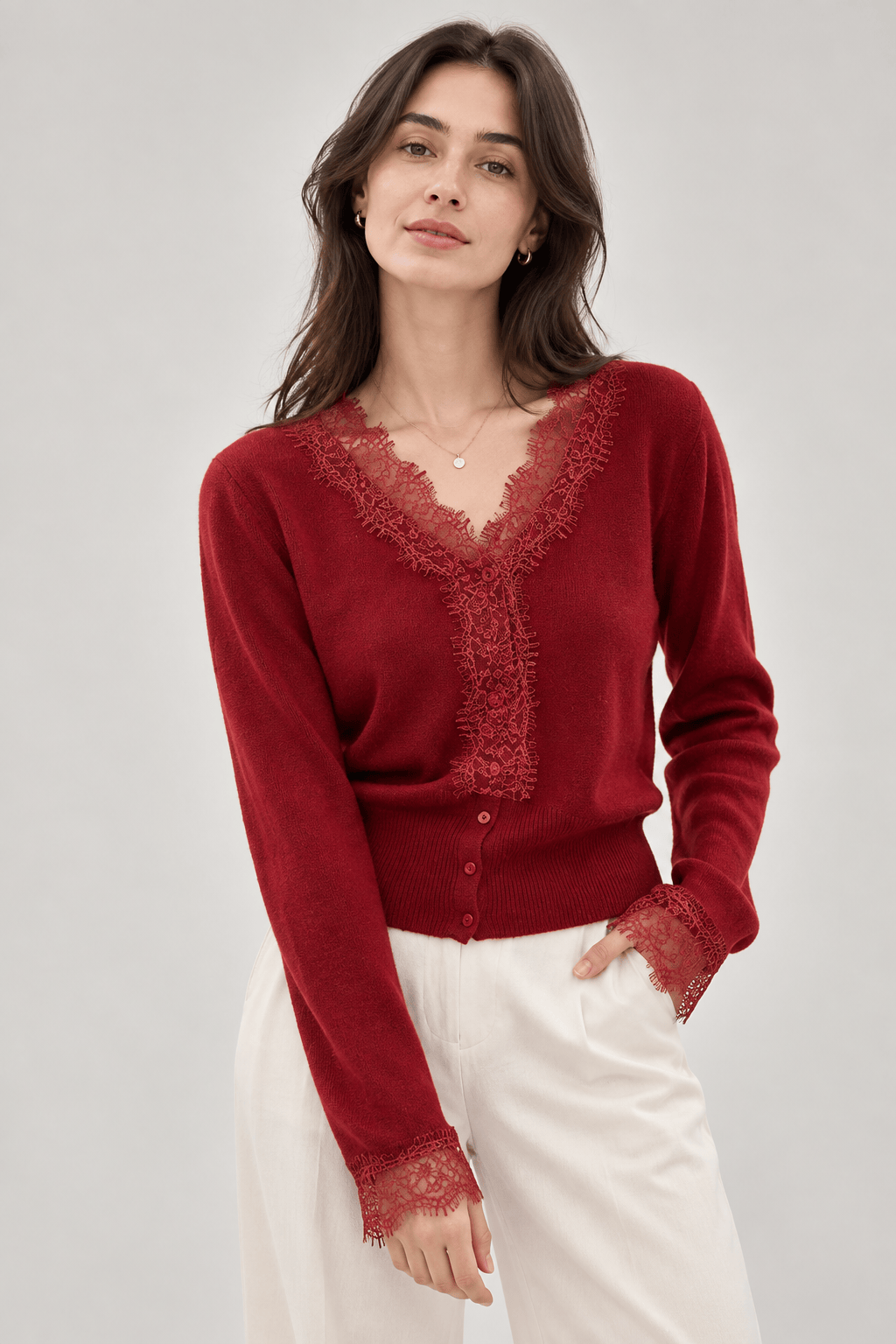 Women's Cardigan | Lace-Look Trim & Button Front