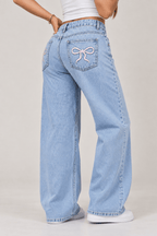 Women's Wide Leg Jeans | Cherry Embroidery