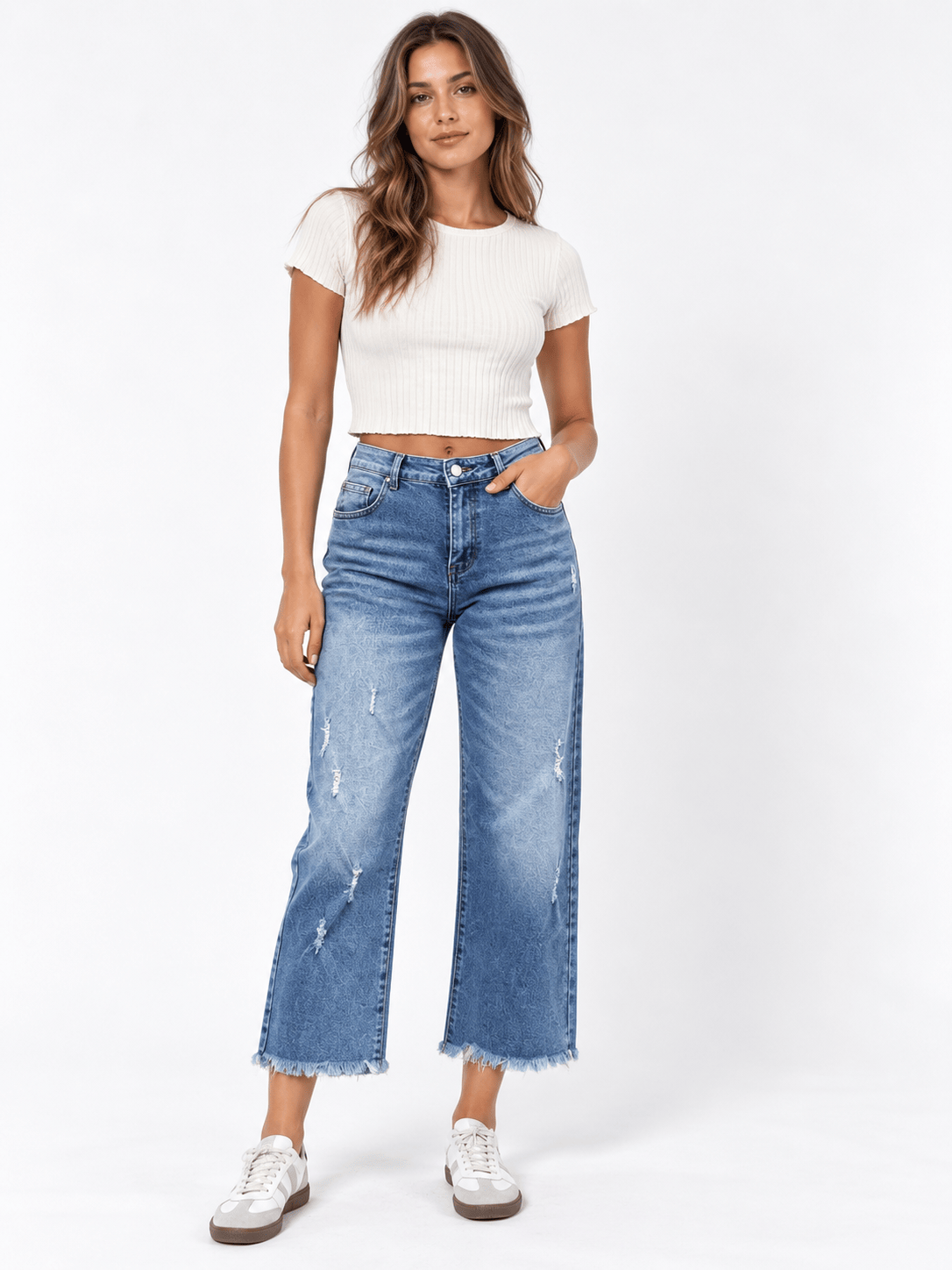 Women's High Waist Straight Leg Jeans | Distressed & Frayed Hem