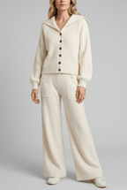 Women's Knitted Loungewear Set | Collared Cardigan & Wide Leg Trousers