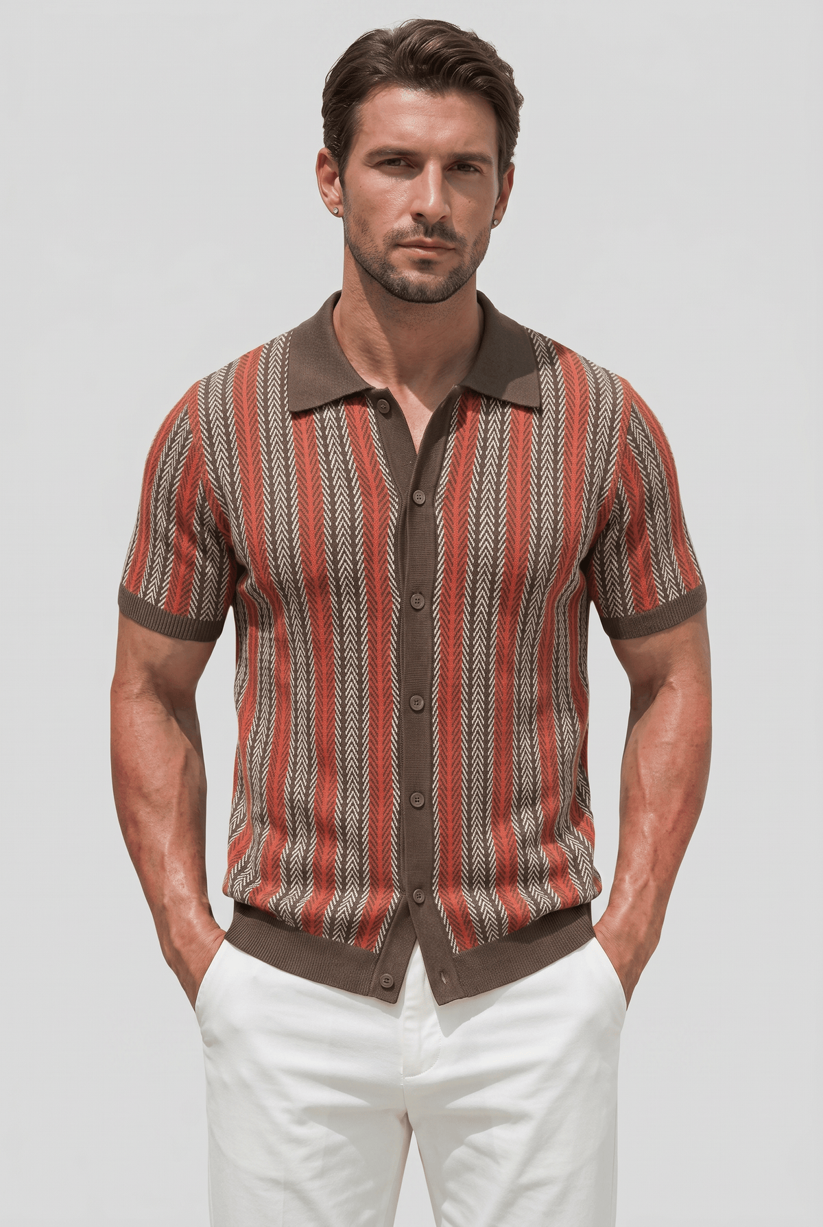 Men’s Collared Short Sleeve Button Up Striped Shirt | Ribbed Hem