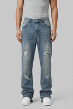 Men's Distressed Straight-Leg Jeans | Ripped Knee & Leg Zip