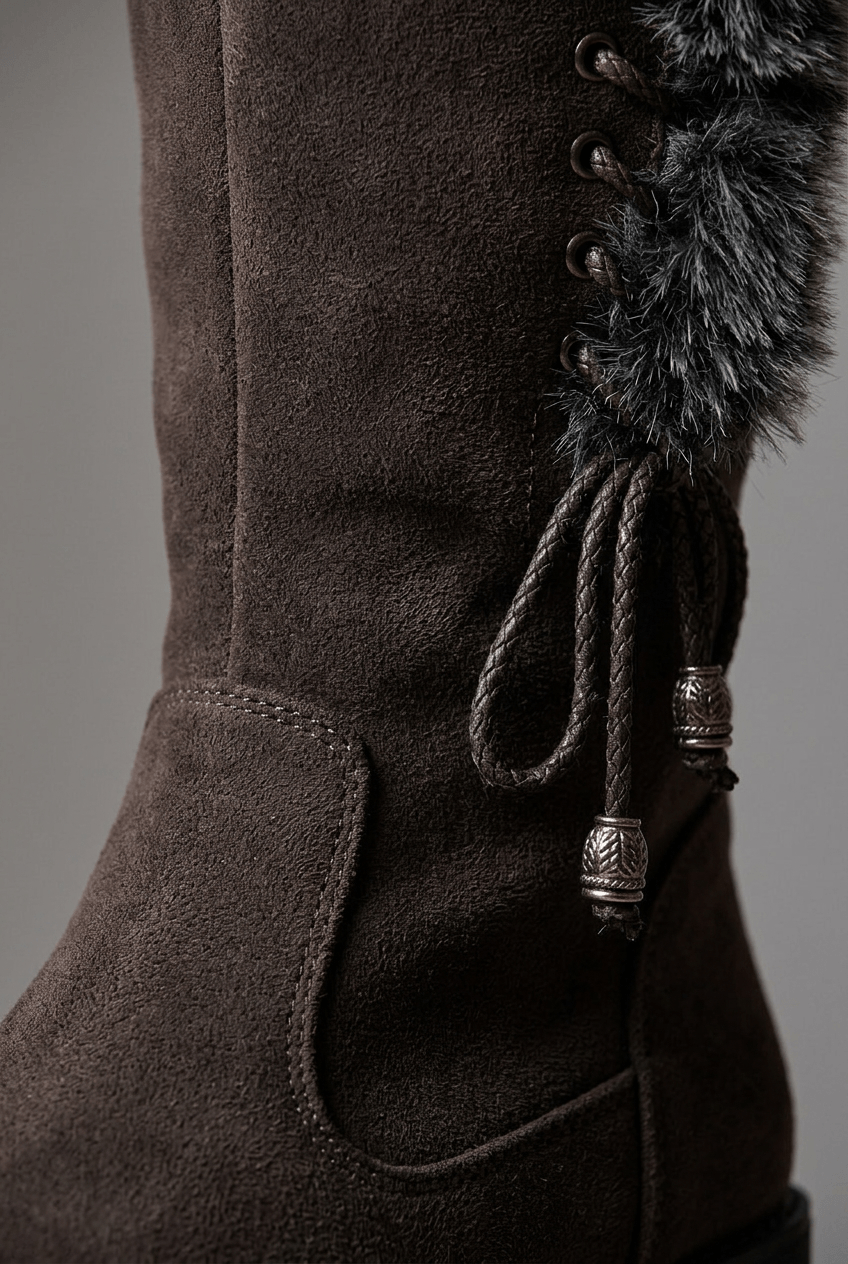Women's Suède Knee High Boots | Side Tie & Fur Trim