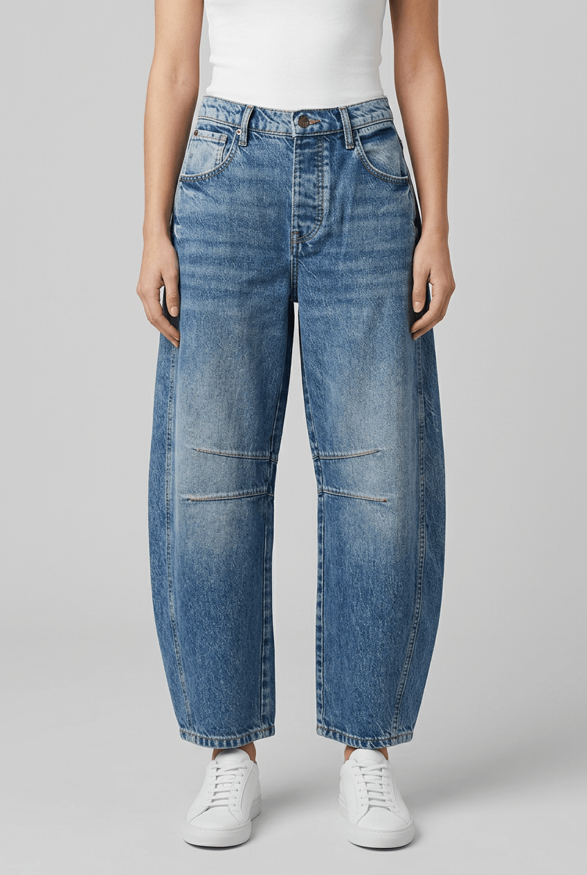 Women's High Waist Barrel Leg Jeans | Knee Stitch Detail