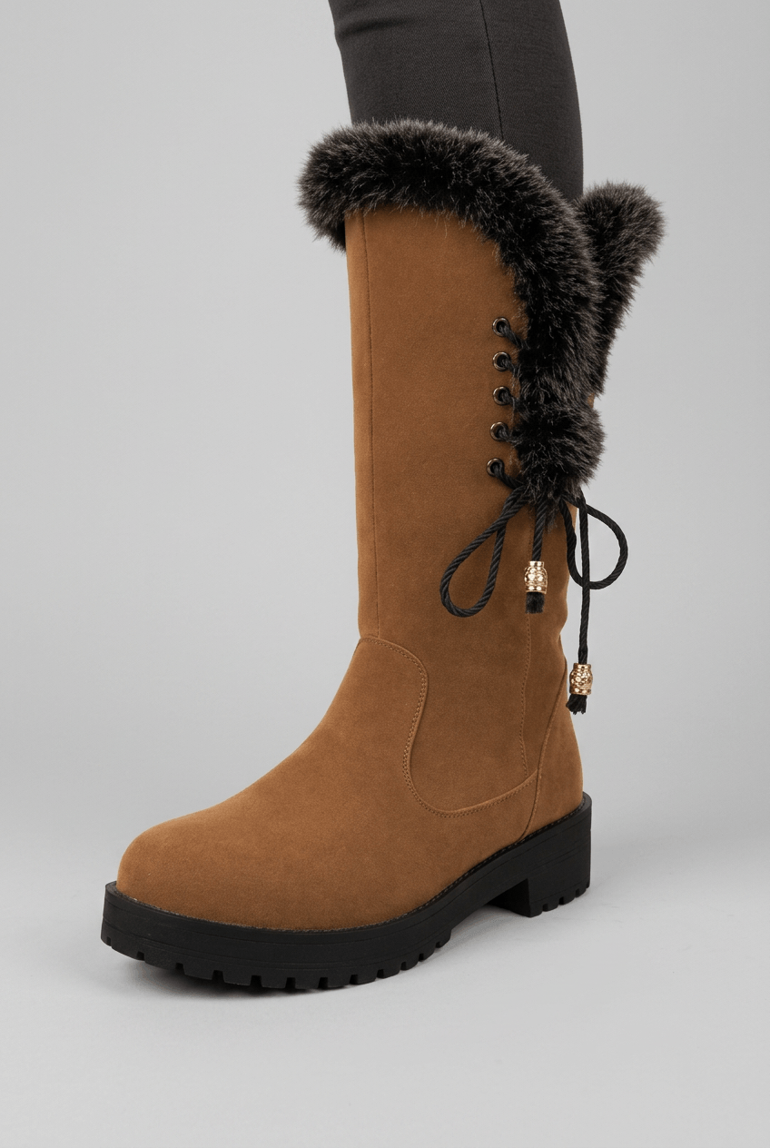 Women's Suède Knee High Boots | Side Tie & Fur Trim