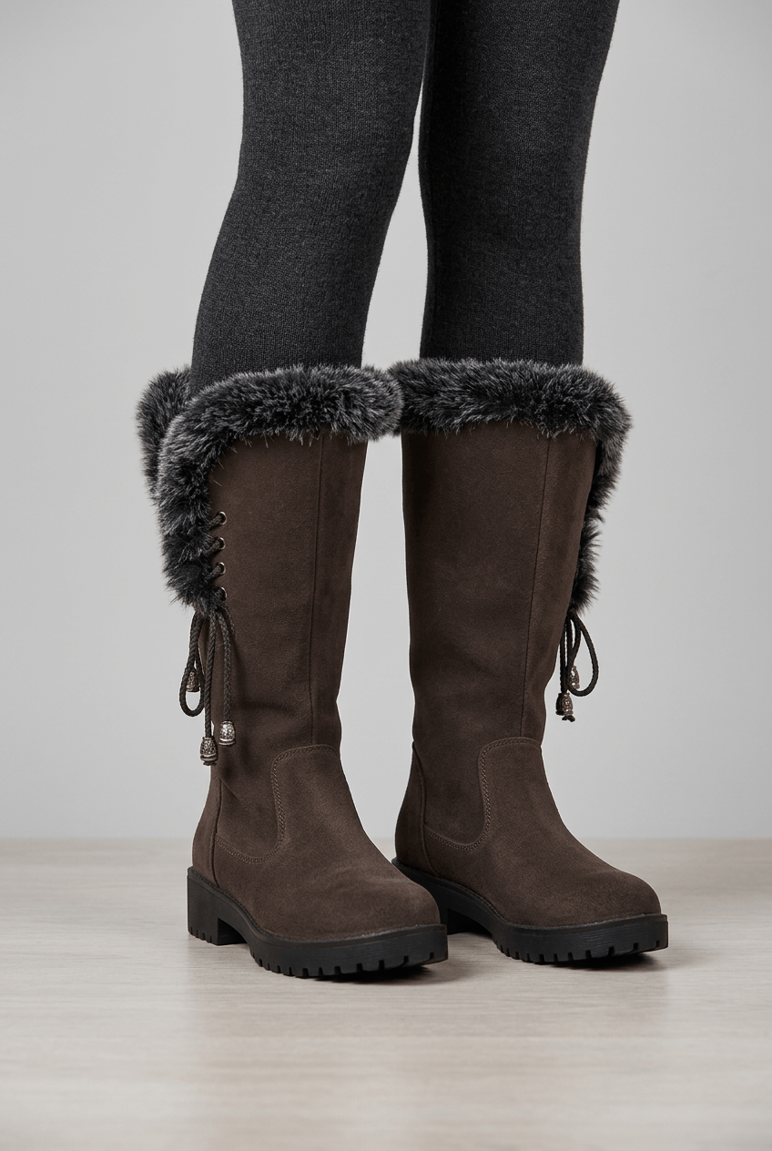 Women's Suède Knee High Boots | Side Tie & Fur Trim