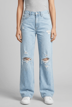 Women's High-Waisted Wide Leg Jeans | Ripped Knee Distressed